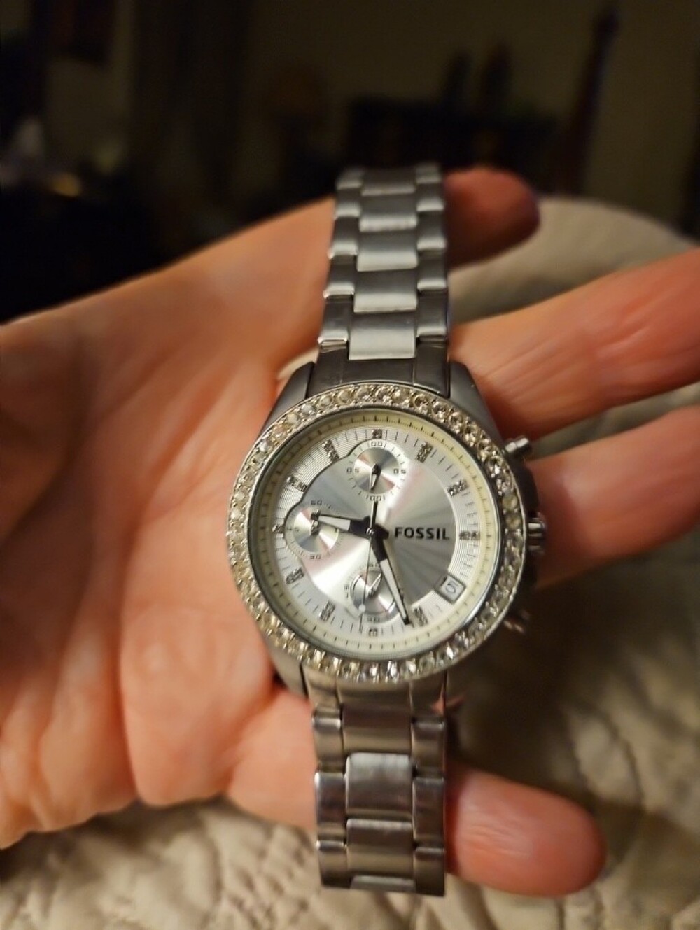 Fossil Silver Tone Crystal-Accent Women's Chronograph Watch